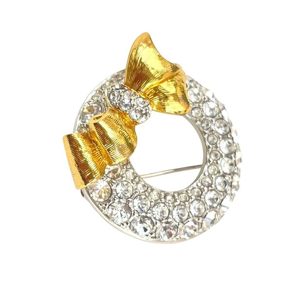 Swarovski Crystal Signed Rhodium Plated Wreath Pin Brooch Gold Bow Dainty - Picture 8 of 9